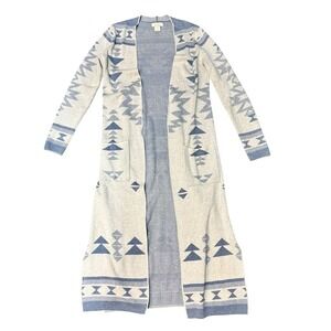 Kaisley Women's S Blue Geometric Maxi Cardigan Sweater